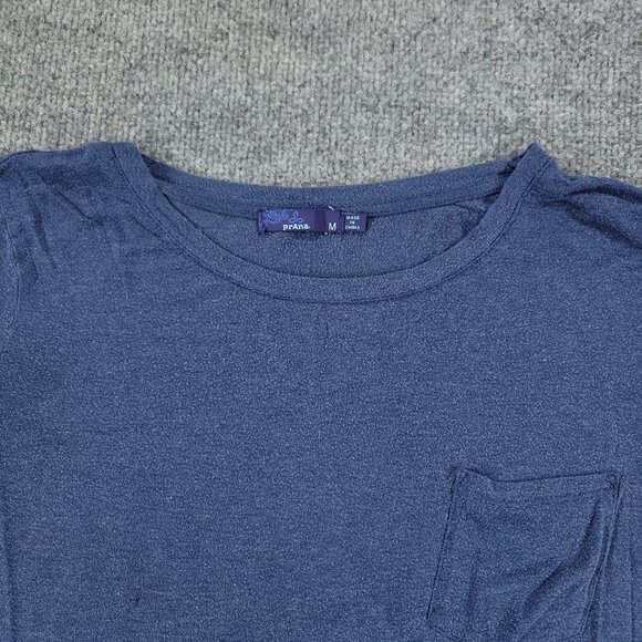 Prana Shirt Women Medium Blue Patch Logo Round Neck Long Sleeve Pocket Pullover - Picture 3 of 15